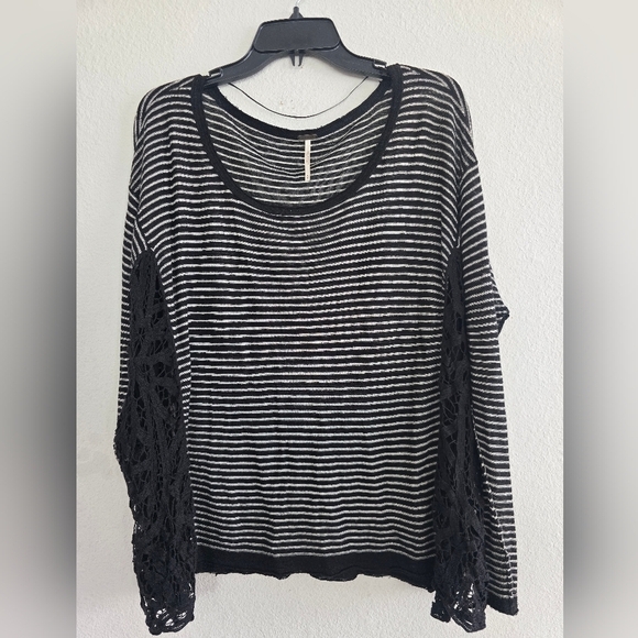 Free People Linen Blend Crochet Love Me Do Blouse Top Sz M Stripe Oversize - Picture 4 of 16